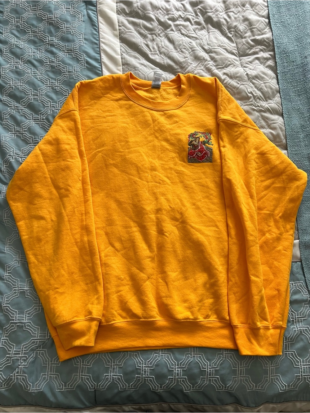 Men's Golden Yellow Crewneck Sweatshirt with Embroidered Dragon Chest Patch